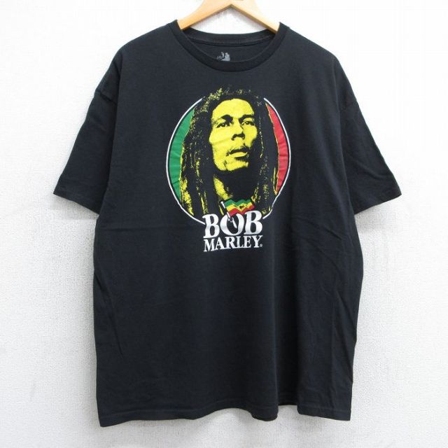 XL★古着 半袖 ロック バンド Tシャツ メンズ ボブマーリー 大きいサイズ コットン クルーネック 黒 ブラック 25jul03 中古