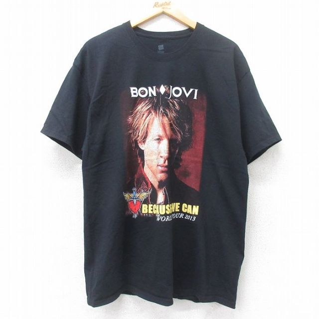 【50%OFF】XL★古着 ヘインズ Hanes 半袖 ロック バンド Tシャツ メンズ ボンジョヴィ コットン クルーネック 黒 ブラック 25jul14 中古