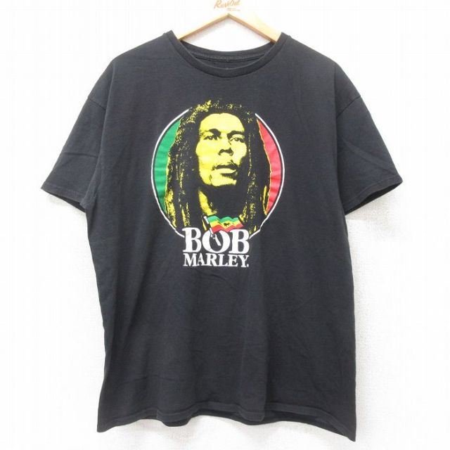 XL★古着 半袖 ロック バンド Tシャツ メンズ ボブマーリー コットン クルーネック 黒 ブラック 25jul14 中古