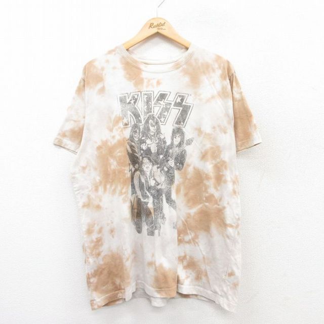 【50%OFF】XL★古着 半袖 ロック バンド Tシャツ メンズ キッス KISS 大きいサイズ クルーネック ベージュ他 カーキ タイダイ 25jul14 中古