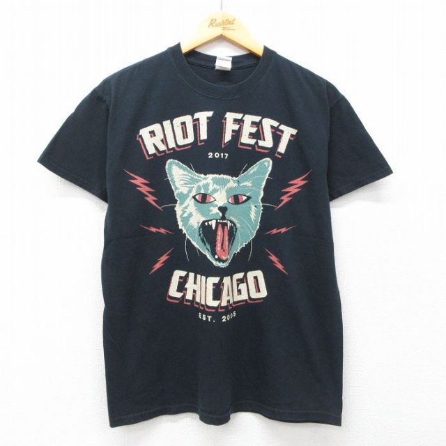 L★古着 半袖 ロック バンド Tシャツ メンズ ライオットフェスト ナインインチネイルズ コットン クルーネック 黒 ブラック 【spe】 25jul16 中古