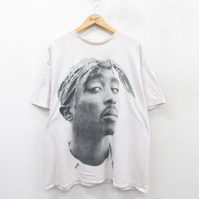 XL★古着 半袖 ヒップホップ ラップ Tシャツ メンズ トゥパック 2パック 大きいサイズ コットン クルーネック 白 ホワイト 25jul16 中古