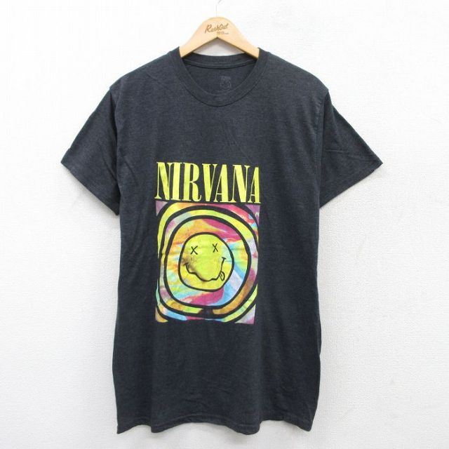 XL★古着 半袖 ロック バンド Tシャツ メンズ ニルバーナ ニルヴァーナ 大きいサイズ コットン クルーネック 黒 ブラック 霜降り 【spe】 25jul16 中古
