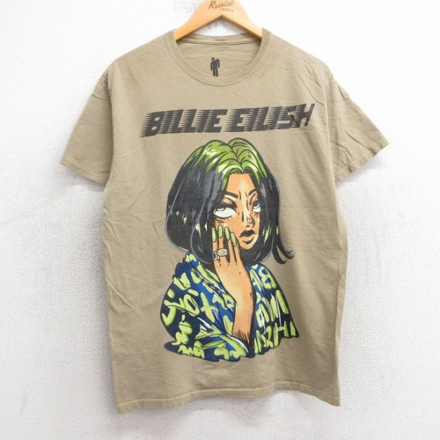 M★古着 半袖 ロック バンド Tシャツ メンズ ビリーアイリッシュ コットン クルーネック ベージュ カーキ 25jul30 中古