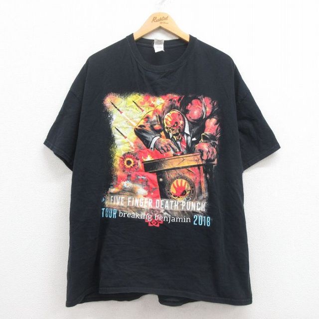 【50%OFF】XL★古着 半袖 ロック バンド Tシャツ メンズ ファイブフィンガーデスパンチ コットン クルーネック 黒 ブラック 25aug01 中古