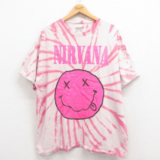 XL★古着 半袖 ロック バンド Tシャツ メンズ ニルバーナ ニルヴァーナ 大きいサイズ コットン クルーネック ピンク タイダイ 【spe】 25aug01 中古