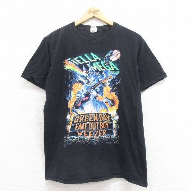 L★古着 半袖 ロック バンド Tシャツ メンズ ザヘラメガツアー グリーンデイ フォールアウトボーイ ウィーザー コットン クルーネック 黒 ブラック 【spe】 25aug04 中古