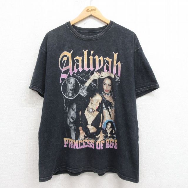XL★古着 半袖 ヒップホップ ラップ Tシャツ メンズ アリーヤ 大きいサイズ クルーネック 黒 ブラック タイダイ 25aug04 中古