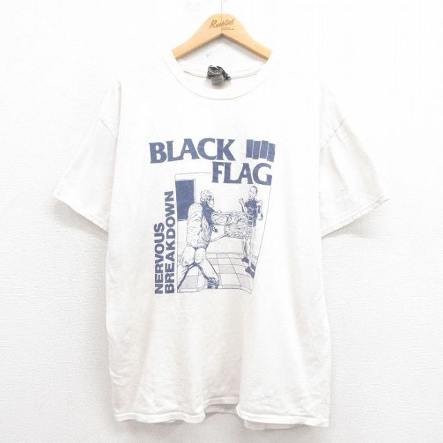 XL★古着 半袖 ロック バンド Tシャツ メンズ ブラックフラッグ 大きいサイズ コットン クルーネック 白 ホワイト 25aug04 中古