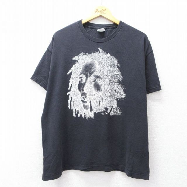 XL★古着 半袖 ロック バンド Tシャツ メンズ ボブマーリー コットン クルーネック 黒 ブラック 25aug07 中古