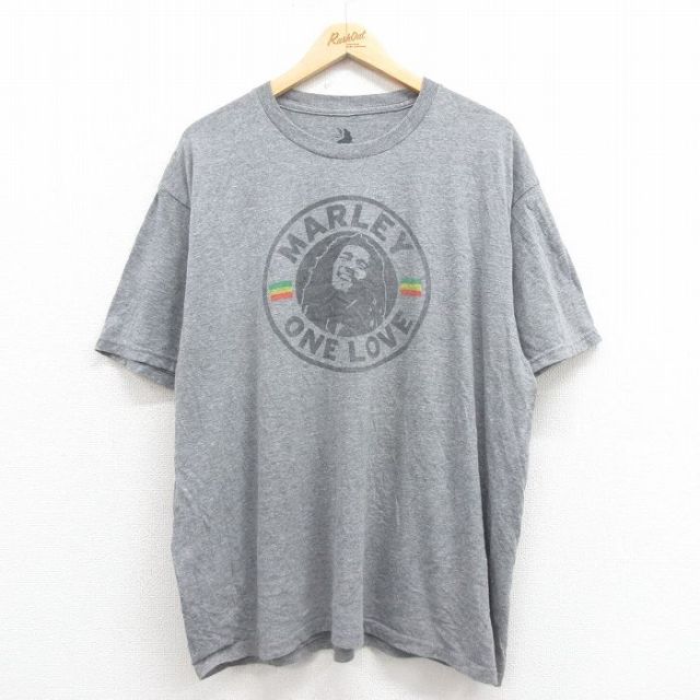 XL★古着 半袖 ロック バンド Tシャツ メンズ ボブマーリー 大きいサイズ クルーネック グレー 霜降り 25aug18 中古