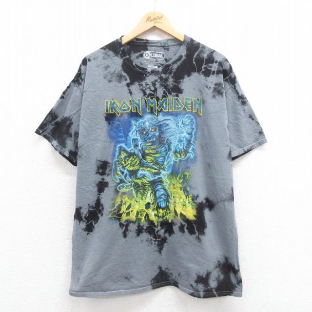 XL★古着 半袖 ロック バンド Tシャツ メンズ アイアンメイデン コットン クルーネック グレー タイダイ 【spe】 25aug19 中古