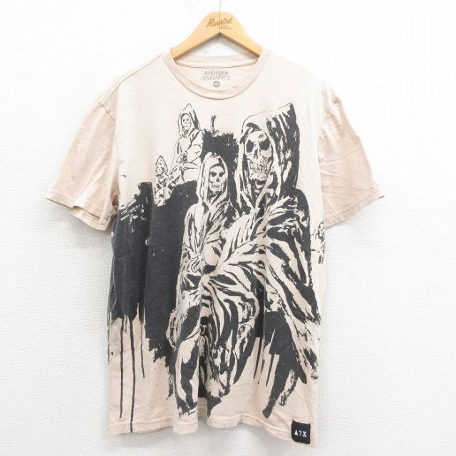 XL★古着 半袖 ロック バンド Tシャツ メンズ アベンジドセブンフォールド アヴェンジドセヴンフォールド コットン クルーネック 薄ベージュ カーキ 【spe】 25aug21 中古