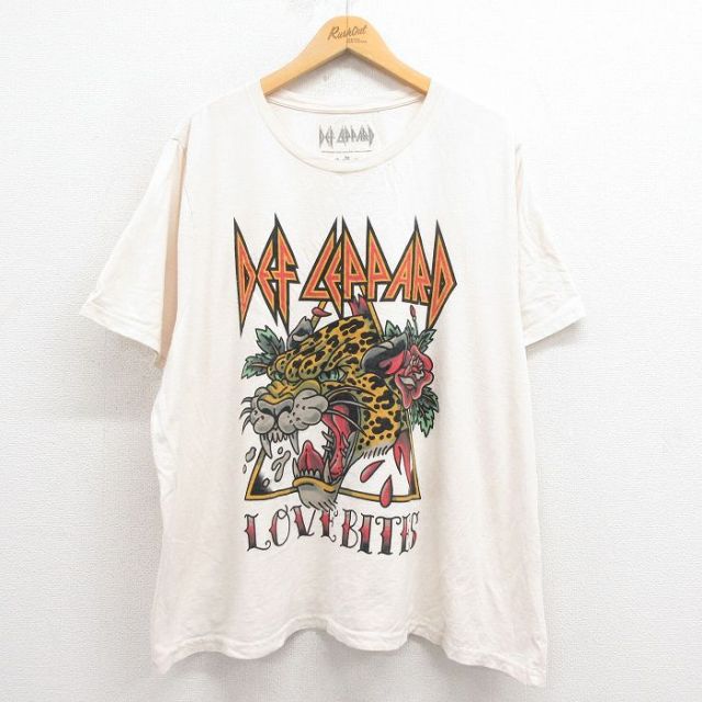 XL★古着 半袖 ロック バンド Tシャツ メンズ デフレパード 大きいサイズ コットン クルーネック 薄ベージュ カーキ 25aug21 中古