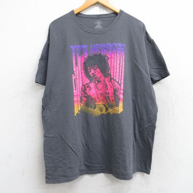 XL★古着 半袖 ロック バンド Tシャツ メンズ ジミヘンドリックス 大きいサイズ コットン クルーネック 濃グレー 25aug28 中古
