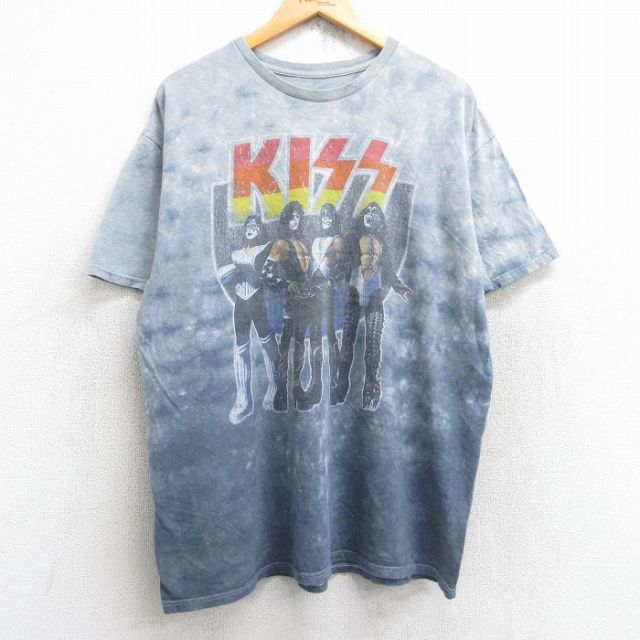 XL★古着 半袖 ロック バンド Tシャツ メンズ キッス KISS クルーネック グレー他 タイダイ 25aug28 中古