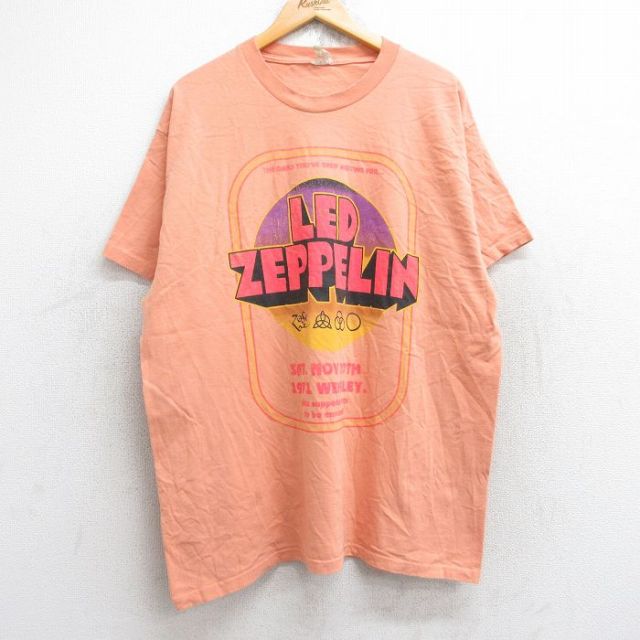 XL★古着 半袖 ロック バンド Tシャツ メンズ レッドツェッペリン 大きいサイズ クルーネック オレンジ 25aug28 中古