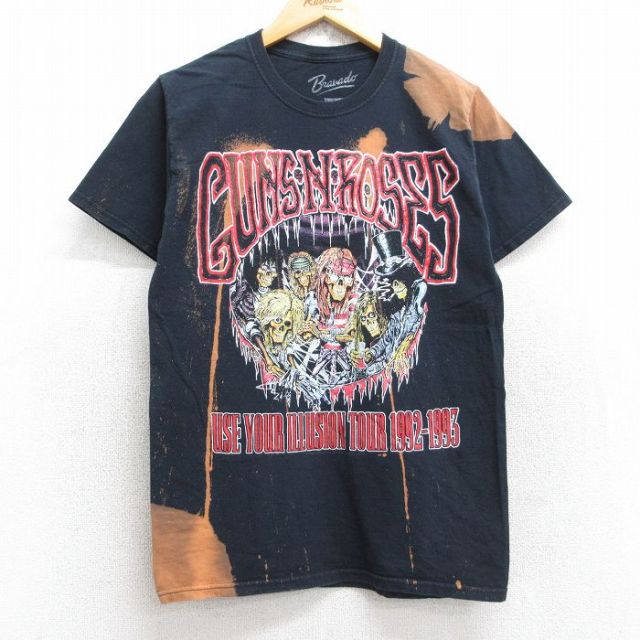 S★古着 半袖 ロック バンド Tシャツ メンズ ガンズアンドローゼス コットン クルーネック 黒 ブラック ブリーチ加工 25aug29 中古