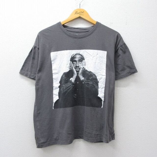 L★古着 半袖 ヒップホップ ラップ Tシャツ メンズ トゥパック 2パック 2PAC コットン クルーネック グレー 26mar09