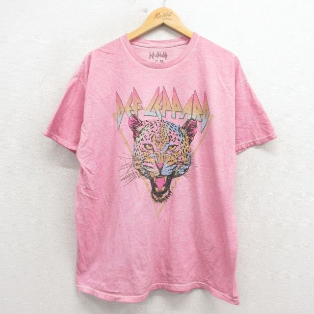 XL★古着 半袖 ロック バンド Tシャツ メンズ デフレパード コットン クルーネック ピンク 26mar13