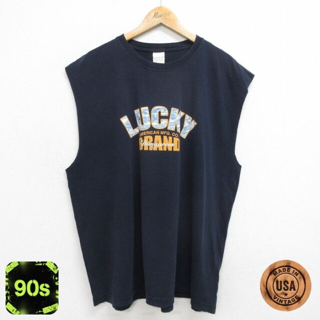 【50%OFF】ラッキーブランド 90s ノースリーブTシャツ ビッグロゴ ネイビー XL | 古着