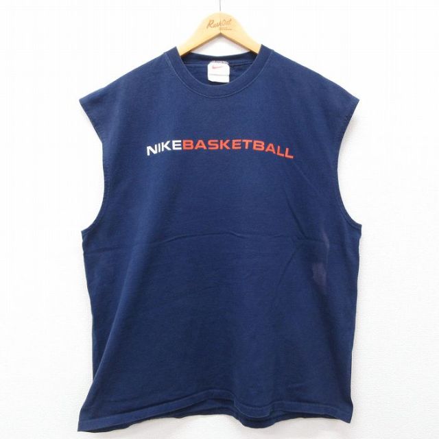 【50%OFF】XL★古着 ナイキ NIKE ノースリーブ ビンテージ Tシャツ メンズ 90年代 90s バスケットボール ワンポイントロゴ 大きいサイズ コットン クルーネック USA製 紺 ネイビー 【spe】 24jun22 中古