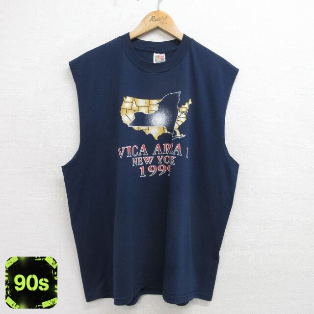 【50%OFF】フルーツオブザルーム 90s ノースリーブTシャツ 地図 ネイビー XL | 古着