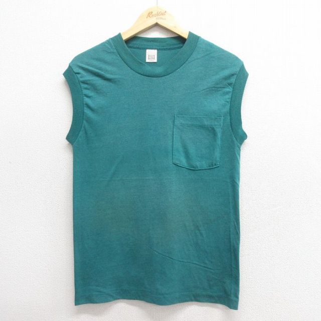 S★古着 フルーツオブザルーム ビンテージ ノースリーブ Tシャツ メンズ 90年代 90s 無地 胸ポケット付き クルーネック 緑 グリーン 25may27 中古