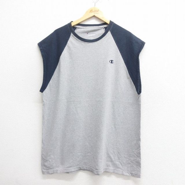 XL★古着 チャンピオン champion ノースリーブ Tシャツ メンズ ワンポイントロゴ 大きいサイズ ツートンカラー クルーネック グレー 霜降り 25may27 中古