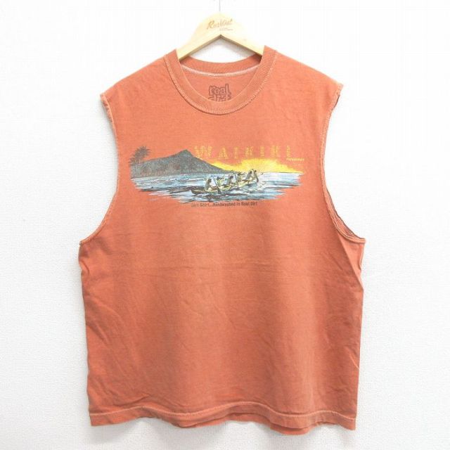 XL★古着 ノースリーブ Tシャツ メンズ ワイキキ コットン USA製 茶系 ブラウン 25may27 中古