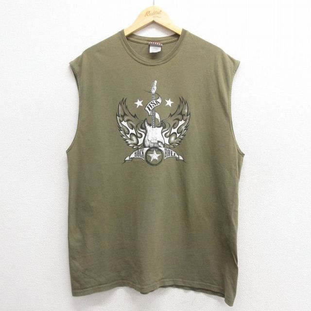 【50%OFF】XL★古着 ビンテージ ノースリーブ Tシャツ メンズ ロックンロール コットン クルーネック 緑 グリーン 25may28 中古