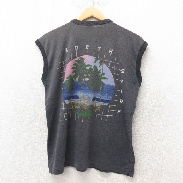 M★古着 ビンテージ ノースリーブ Tシャツ メンズ 80年代 80s ヤシの木 クルーネック グレー 25jun06 中古