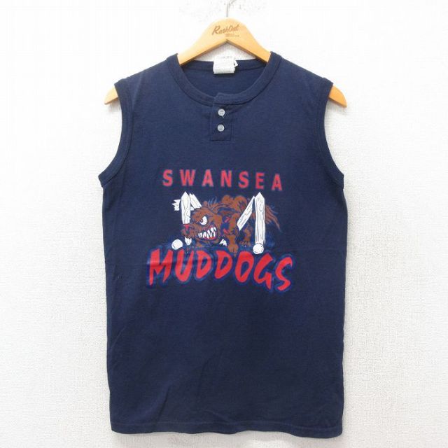 M★古着 ビンテージ ノースリーブ Tシャツ メンズ 00年代 00s 犬 ヘンリーネック 紺 ネイビー 25jun07 中古
