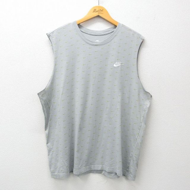 XL★古着 ナイキ NIKE ノースリーブ Tシャツ メンズ ワンポイントロゴ 総柄 コットン クルーネック グレー 25jun09 中古