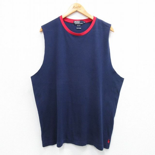 XL★古着 ラルフローレン Ralph Lauren ノースリーブ ブランド Tシャツ メンズ 90年代 90s ワンポイントロゴ 大きいサイズ コットン クルーネック 紺他 ネイビー 25jun09 中古