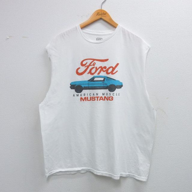 XL★古着 ノースリーブ Tシャツ メンズ フォード マスタング 大きいサイズ コットン クルーネック 白 ホワイト 25jun09 中古