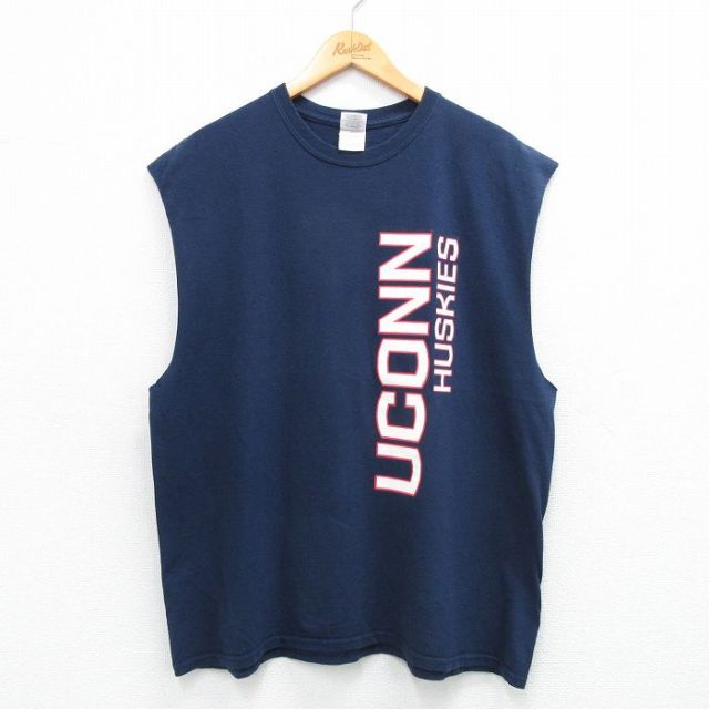 XL★古着 ノースリーブ ビンテージ Tシャツ メンズ 00年代 00s コネチカットハスキーズ コットン クルーネック 紺 ネイビー 25jun09 中古