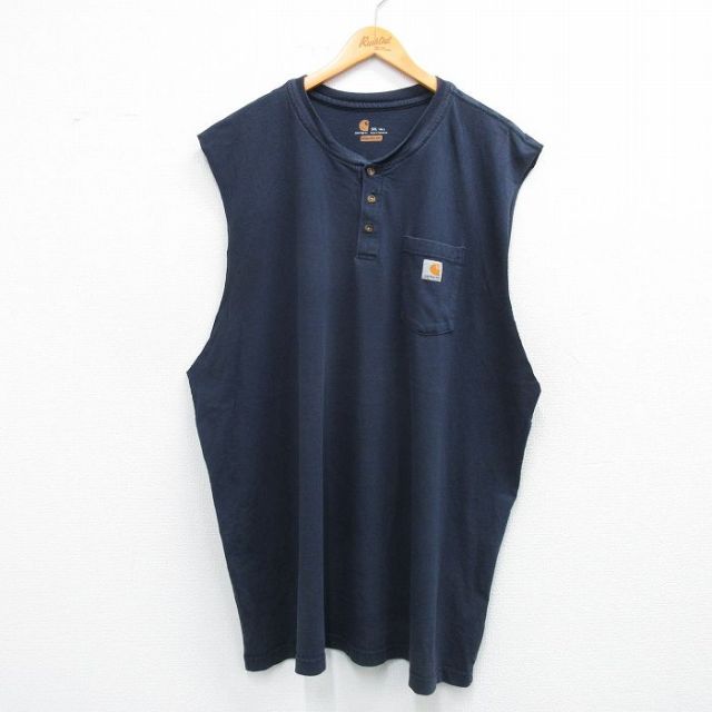 XL★古着 カーハート Carhartt ノースリーブ Tシャツ メンズ ワンポイントロゴ 胸ポケット付き 大きいサイズ ロング丈 コットン クルーネック 濃紺 ネイビー 25jun09 中古