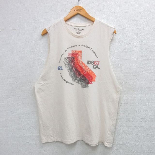 L★古着 ラルフローレン Ralph Lauren デニムアンドサプライ ノースリーブ ブランド Tシャツ メンズ ビッグロゴ コットン クルーネック 薄ベージュ カーキ 25jun09 中古