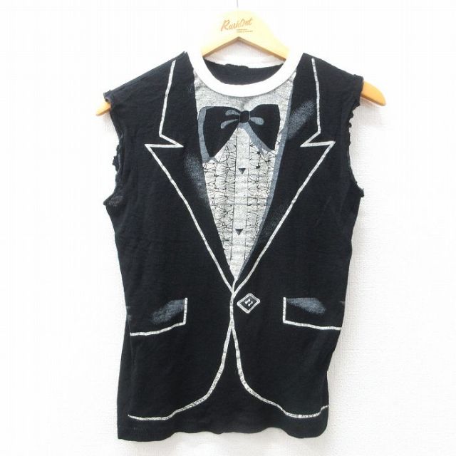 【50%OFF】M★古着 ノースリーブ ビンテージ Tシャツ メンズ 80年代 80s タキシード 全面プリント クルーネック 黒他 ブラック 25jun21 中古