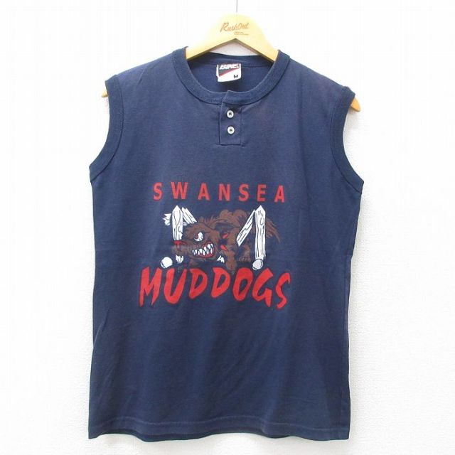 M★古着 ノースリーブ ビンテージ Tシャツ メンズ 90年代 90s MUDDOGS ヘンリーネック 紺 ネイビー 25jun21 中古
