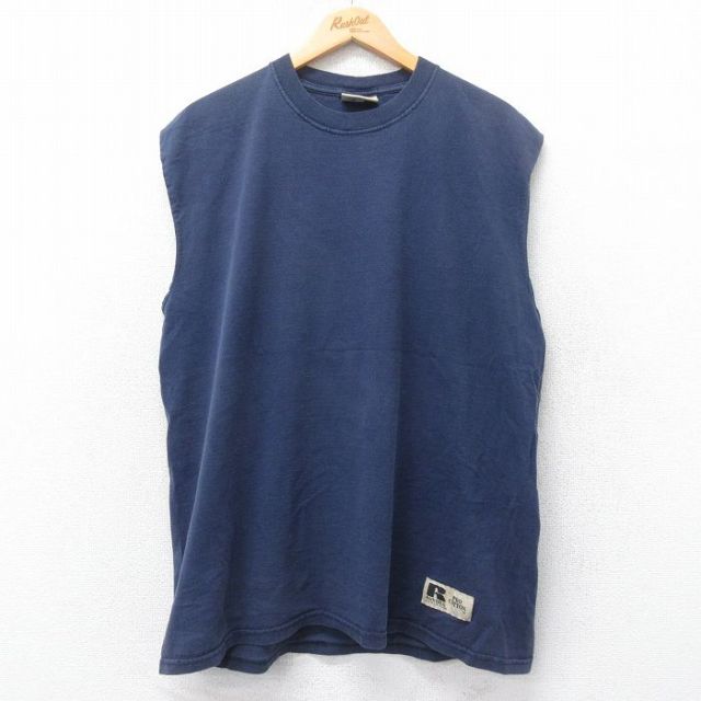 XL★古着 ラッセル ノースリーブ ビンテージ Tシャツ メンズ 00年代 00s 無地 コットン クルーネック 紺 ネイビー 25jun26 中古