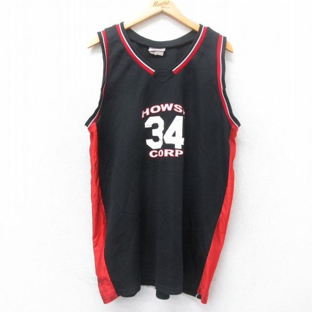 XL★古着 タンクトップ メンズ HOWSE CORP 34 メッシュ地 大きいサイズ ロング丈 Vネック 黒他 ブラック ユニフォーム ゲームシャツ 25jun26 中古