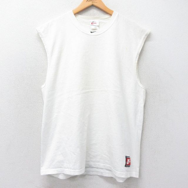 XL★古着 ナイキ NIKE ノースリーブ ビンテージ Tシャツ メンズ 90年代 90s ワンポイントロゴ センタースウォッシュ コットン クルーネック USA製 白 ホワイト 【spe】 25jun26 中古