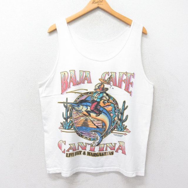 L★古着 ビンテージ タンクトップ メンズ 90年代 90s BAJA CAF? カジキ クルーネック 白 ホワイト 25jun26 中古