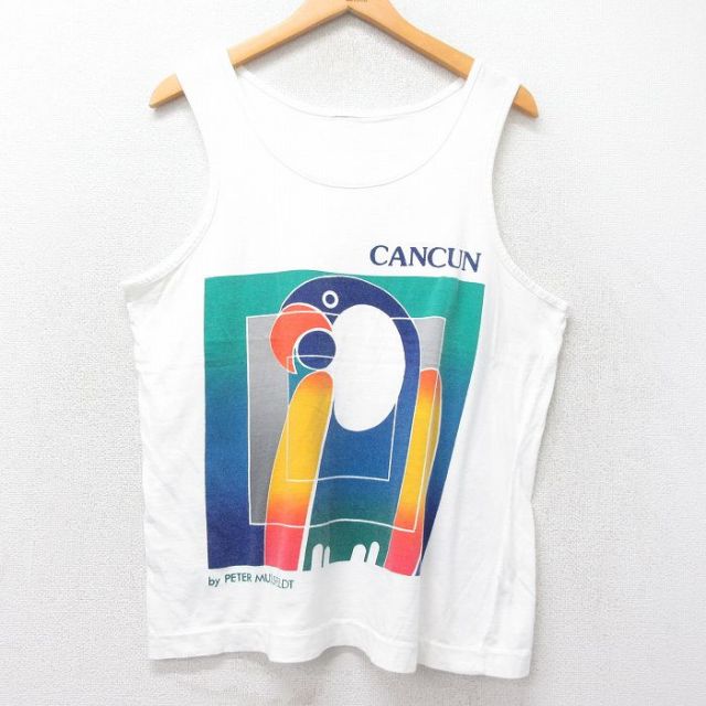 L★古着 ビンテージ タンクトップ メンズ 90年代 90s カンクン 鳥 クルーネック 白 ホワイト 25jun26 中古