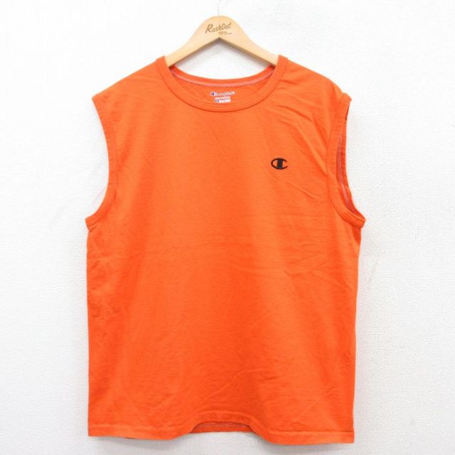 XL★古着 チャンピオン Champion ノースリーブ Tシャツ メンズ ワンポイントロゴ コットン クルーネック オレンジ 25jun28 中古