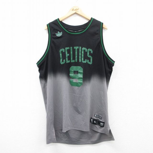 XL★古着 アディダス adidas タンクトップ メンズ NBA ボストンセルティックス ワンポイントロゴ リーフ トレフォイル 大きいサイズ ロング丈 コットン 黒他 ブラック バスケットボール 25jun28 中古