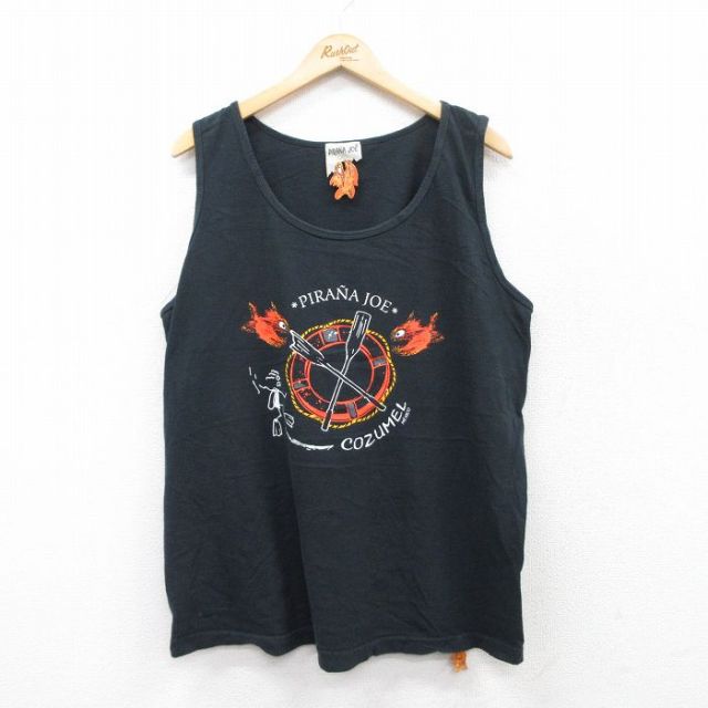 XL★古着 タンクトップ メンズ PIRANA JOE コットン クルーネック 黒 ブラック 25jun28 中古