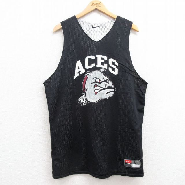 XL★古着 ナイキ NIKE タンクトップ メンズ ブルドッグ ACES リバーシブル メッシュ地 ロング丈 Vネック 黒 ブラック 25jun28 中古